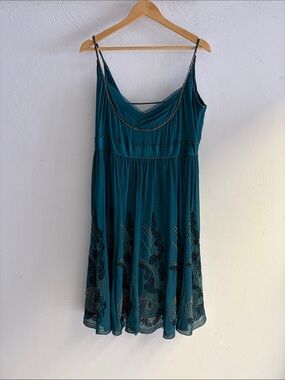 Teal Beaded Spaghetti Strap Dress with Bow Waist